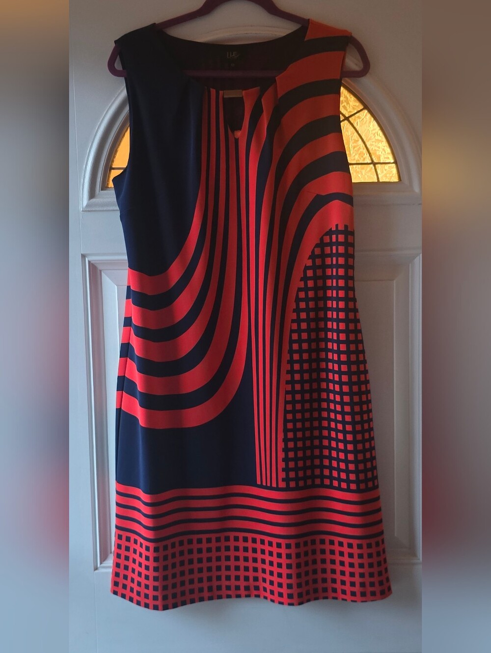 ILE New York Size 12 Op Art Geometric Shift Dress Navy Red Mod Chic Retro 70s